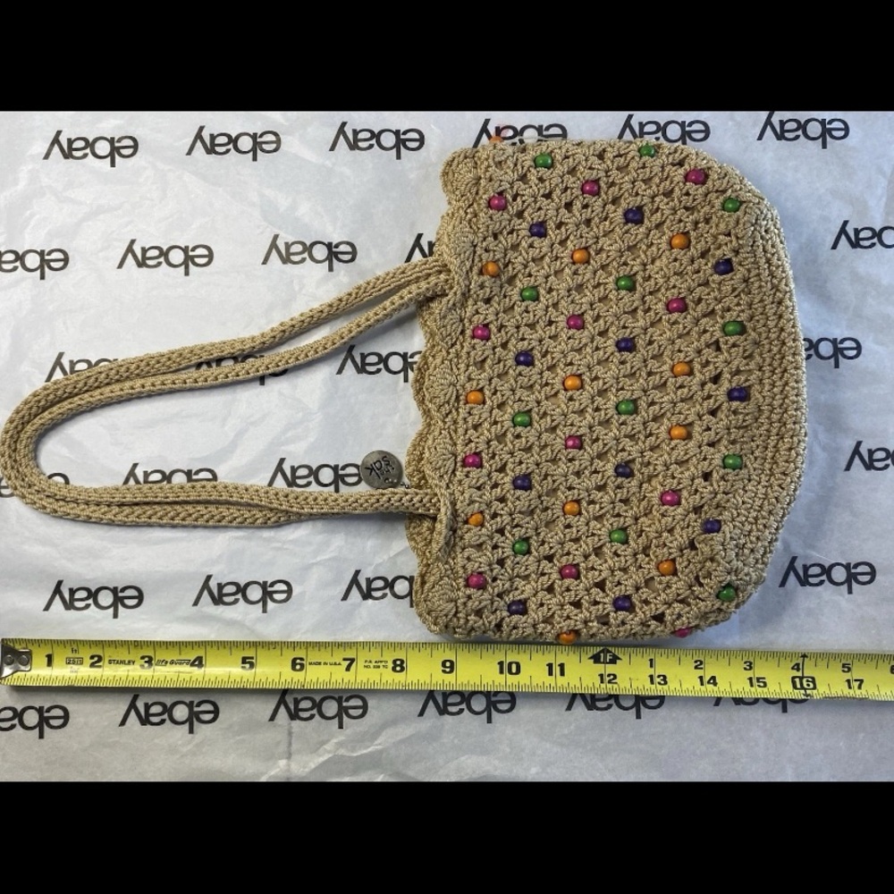 The Sak Crochet Beaded Shoulder Bag Tan Handmade Purse Multicolor Beads Boho - Picture 2 of 7